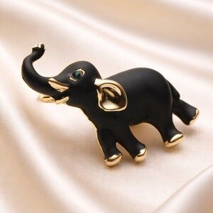 Elephant Black Gold Brooch with Green Eye